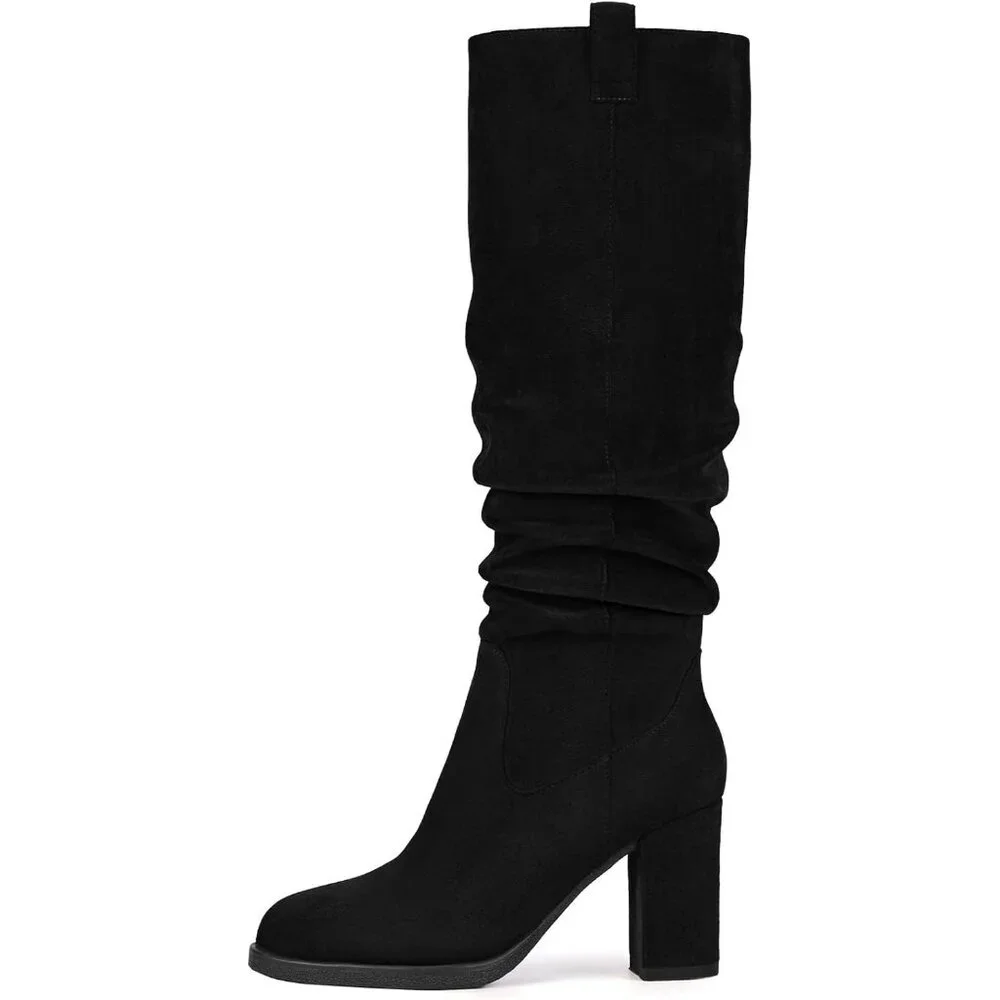 Women's Black Tall Chunky High Heel Side Zipper Knee High Boots With Party
